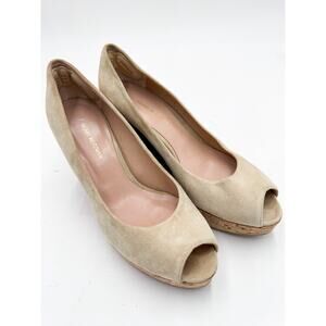 Stuart Weitzman Tan Anna Peep Toe Cork Wedges Size 8.5